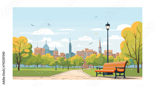 City park with bench, trees and skyscrapers. Vector illustration