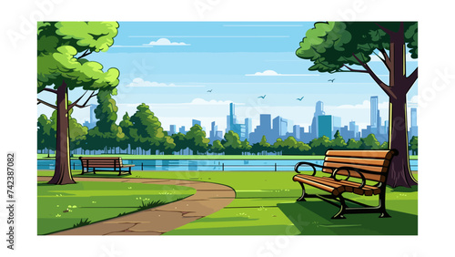 City park with bench, trees and skyscrapers. Vector illustration