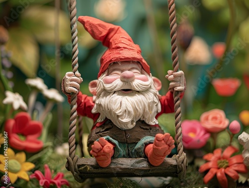 Plasticine gnome on a swing clear detail of joy and surrounding flowers photo