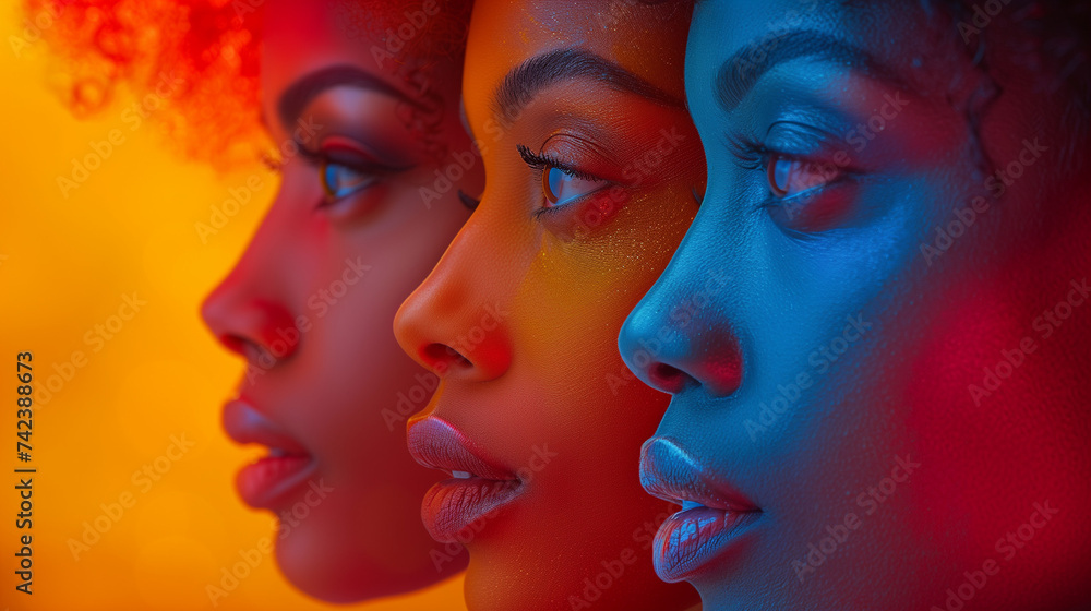 Woman's Day, three black women, International Women's Day concept background, beautiful black women smiling, Strong and brave girls supporting each other, and the feminist movement Woman's Day, three black women, International Women's Day concept background, beautiful black women smiling, Strong and brave girls supporting each other, and the feminist movement