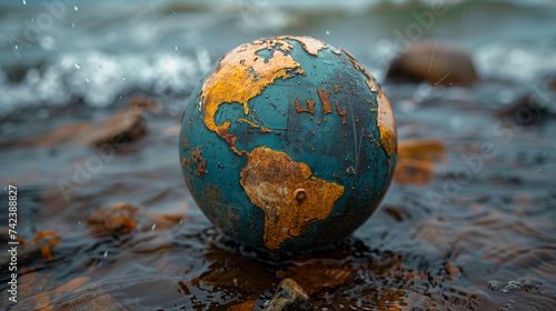 a globe is sitting on top of a rock in the water
