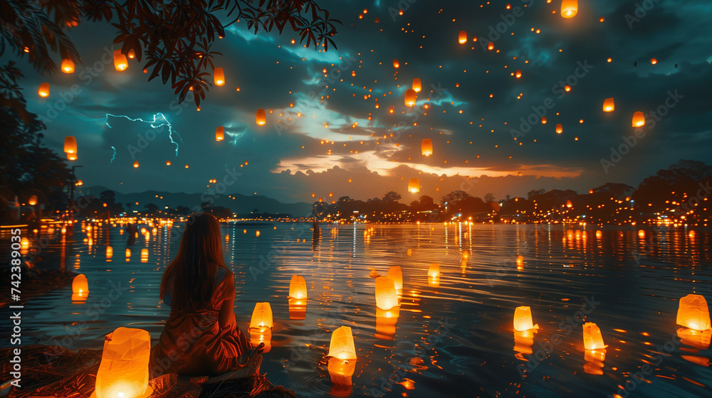 white paper lantern in the sky, Loi Krathong festival or Yi Peng in Thailand, people with white paper lanterns at Loy Krathong Thailand near a small water pond