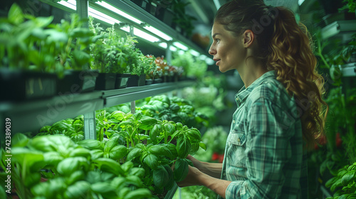 Modern Vertical Plant Farm, Female Farmer Working Indoors. Aerial Portrait with Hydroponics Farm in the Background, Smart Farming indoor photo