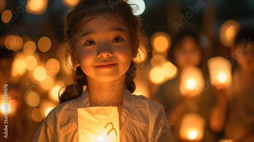 Asian kid with a white paper lantern, Loi Krathong festival or Yi Peng in Thailand, people with white paper lanterns at Loy Krathong Thailand, Family release sky lanterns