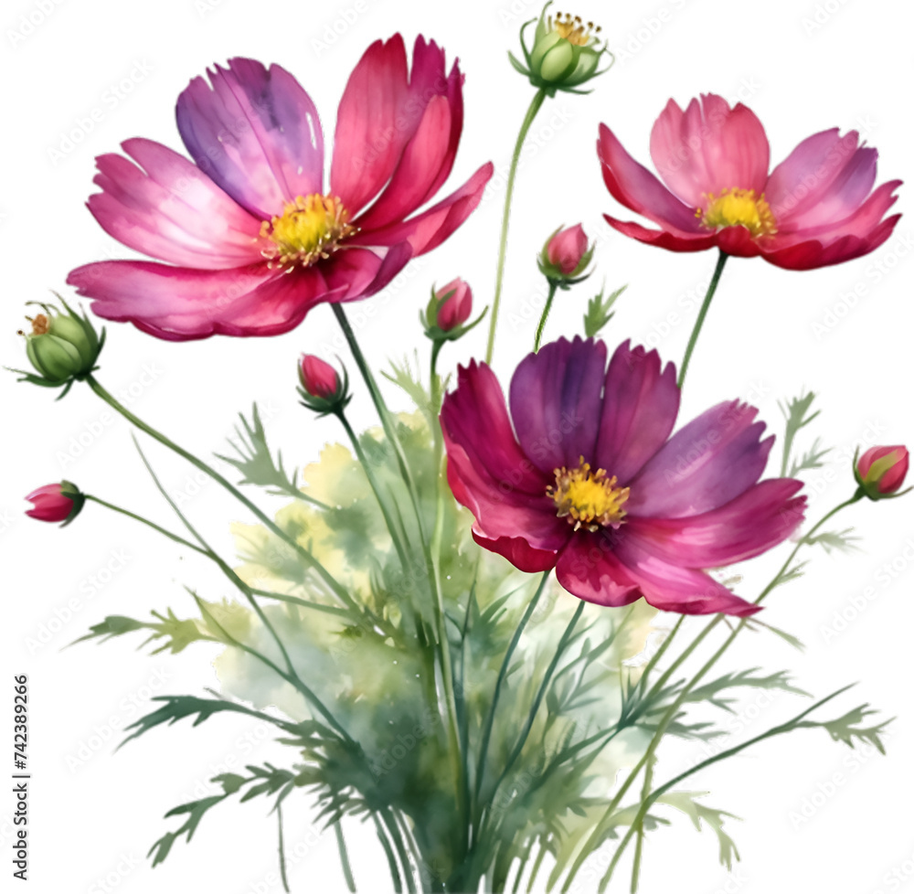 Obraz premium Watercolor painting of a bouquet of Cosmos flowers.