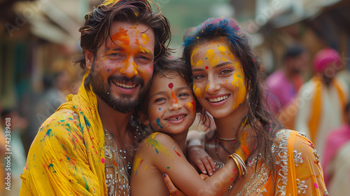 portrait of family with paint on their face celebrating Holi together in India, Holi Festival of color,  Holi celebration in Nepal or India, mam and dad  photo