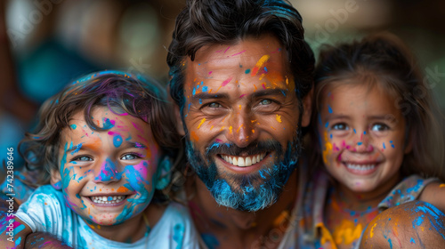 portrait of family with paint on their face celebrating Holi together in India, Holi Festival of color,  © Fokke Baarssen
