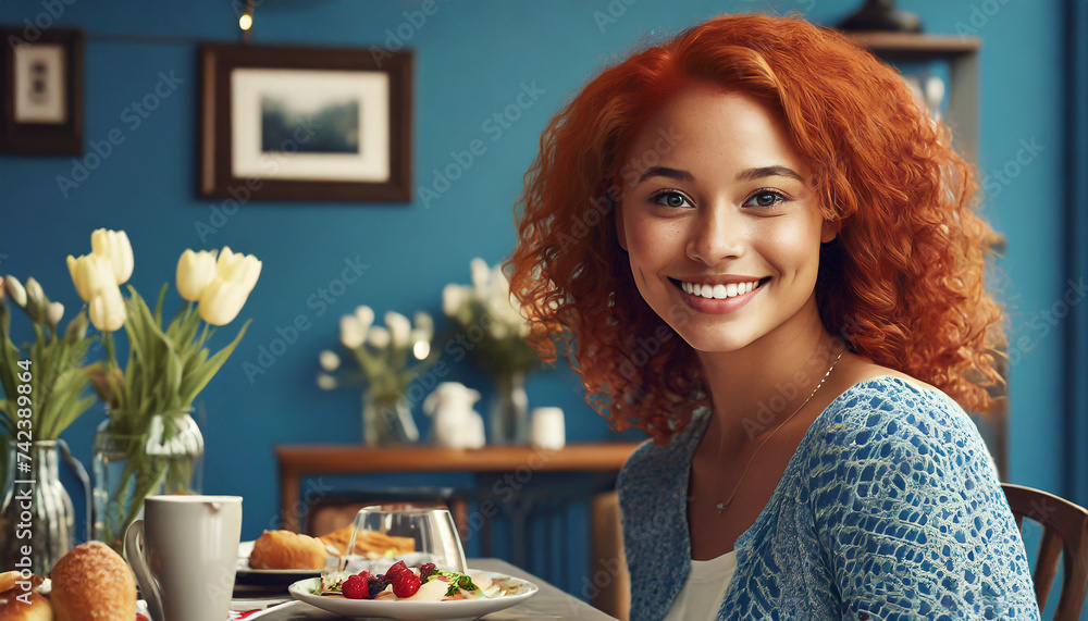 A woman sitting in a blue cafe having brunch A woman sitting in a blue cafe having brunch