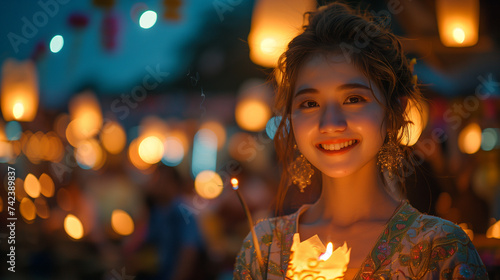 Asian woman at Loi Krathong festival or Yi Peng in Thailand, people with white paper lanterns at Loy Krathong Thailand