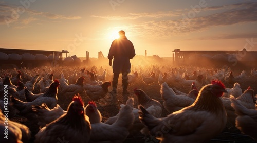 A view of the way a chicken farmer feeds chickens The lonely morning atmosphere