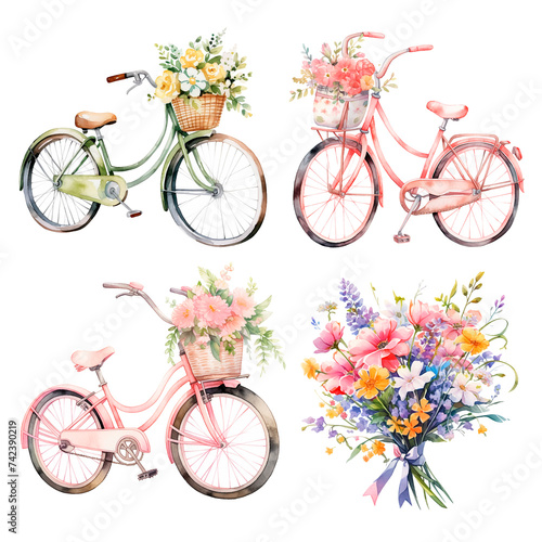 Hand painted watercolor set bouquet of flowers, bicycle with basket and flowers, watercolor stain.