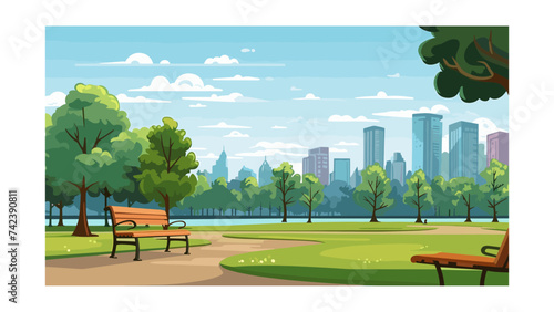 Park scene with bench and city skyline in the background. Vector illustration