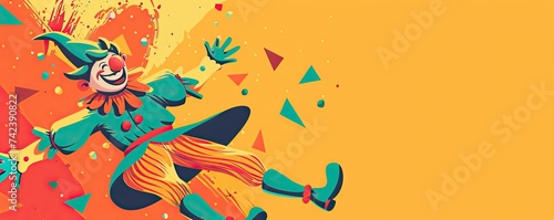 April Fools Day banner, funny clown circus performer background, place for text