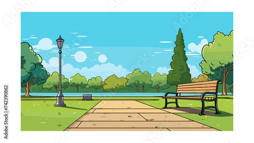 Park scene with bench and city skyline in the background. Vector illustration