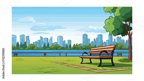 Park scene with bench and city skyline in the background. Vector illustration