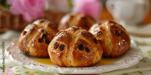Hot cross bun is a spiced sweet bun made with raisins marked with a cross on the top, and traditionally eaten a plate on the table  