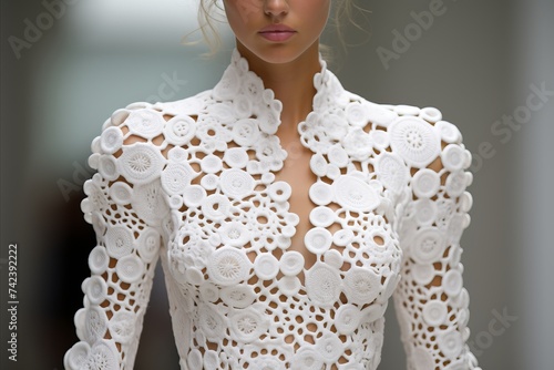 High fashion creations. Details of a chic white fabric for a wedding dress