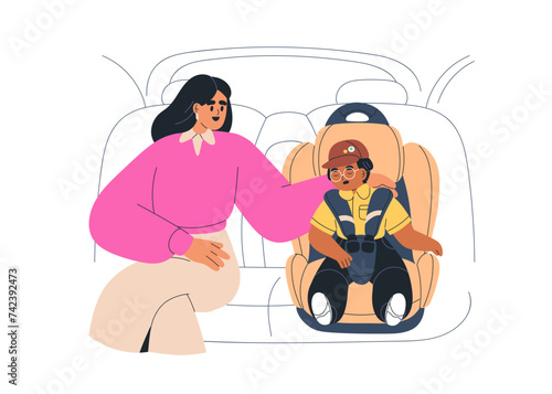 Kid sleeping in baby car seat. Mother and toddler asleep, sitting in childs chair for little passenger safety. Mom and boy son during auto travel. Flat vector illustration isolated on white background