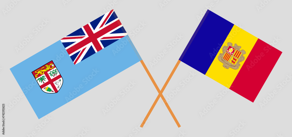 Crossed flags of Fiji and Andorra. Official colors. Correct proportion