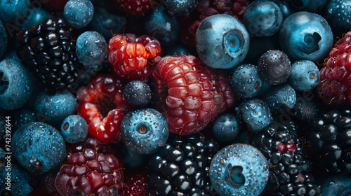 Close-up image of a vibrant assortment of fresh berries with water droplets, showcasing the detailed textures of blueberries, blackberries, and raspberries.