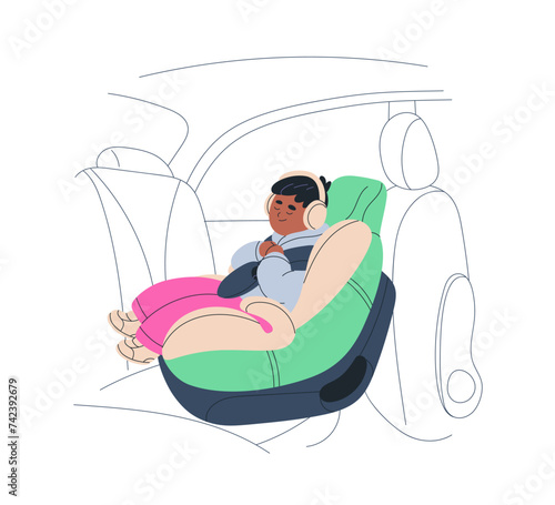 Black kid sleeping in baby car seat. Toddler passenger sitting in child safety chair in auto. Boy asleep in headphones at backseat in road travel. Flat vector illustration isolated on white background