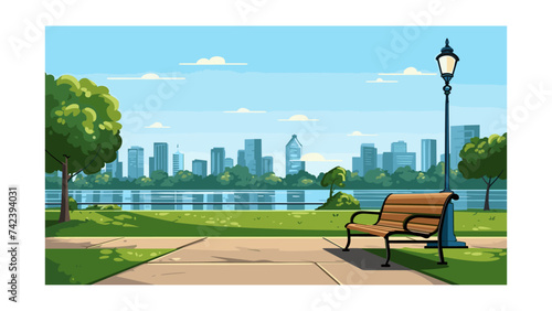 City park with bench and skyscrapers in the background. Vector illustration
