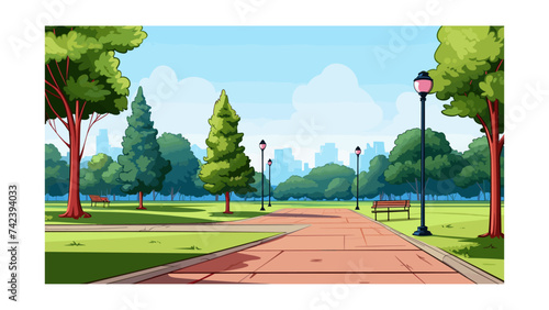 City park with bench and skyscrapers in the background. Vector illustration