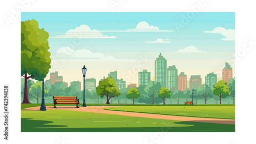 City park with bench and skyscrapers in the background. Vector illustration