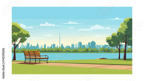 City park with bench and skyscrapers in the background. Vector illustration