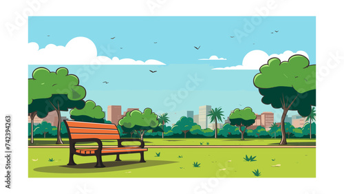 City park with bench and skyscrapers in the background. Vector illustration