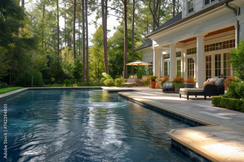 A photo of a swimming pool set amidst a vibrant green forest, showcasing the harmonious blend of nature and relaxation.
