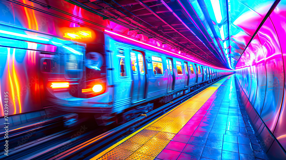 blurred image of Rush Hour in public transport with abstract colorful light trails