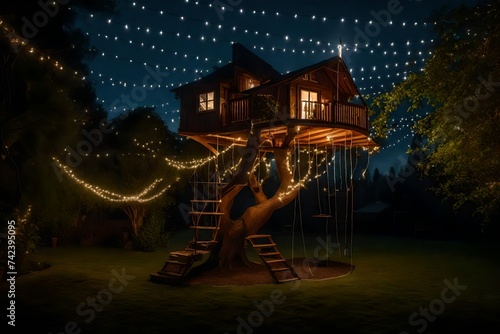 tree house with beautiful decorated lights photo