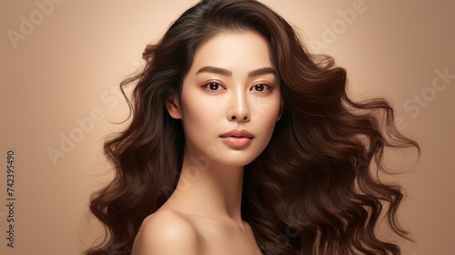 Beautiful Asian woman with long curly hair, Korean makeup, touching face and perfect skin on isolated beige background. Facial care. Cosmetology. Plastic surgery.