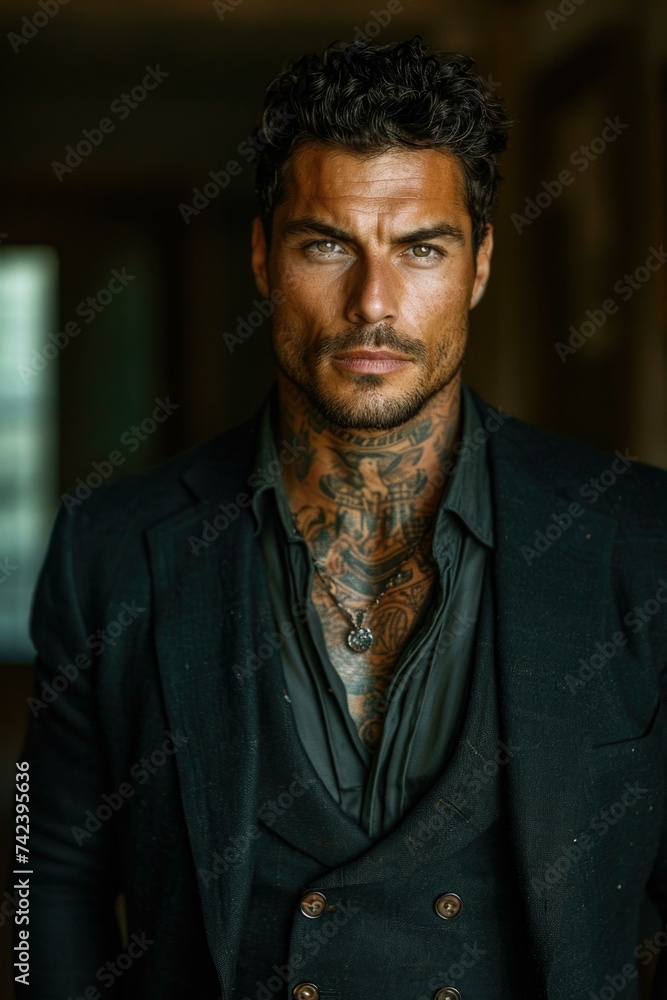 A man with tattoos standing in a room. Generative AI. A man with tattoos standing in a room. Generative AI.
