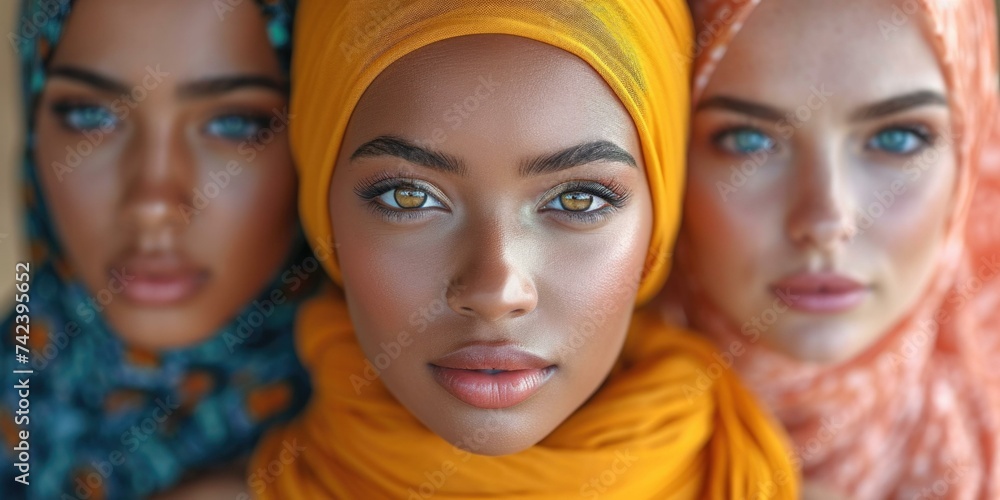 Fototapeta premium Three women wearing headscarves and colorful clothing. Generative AI.