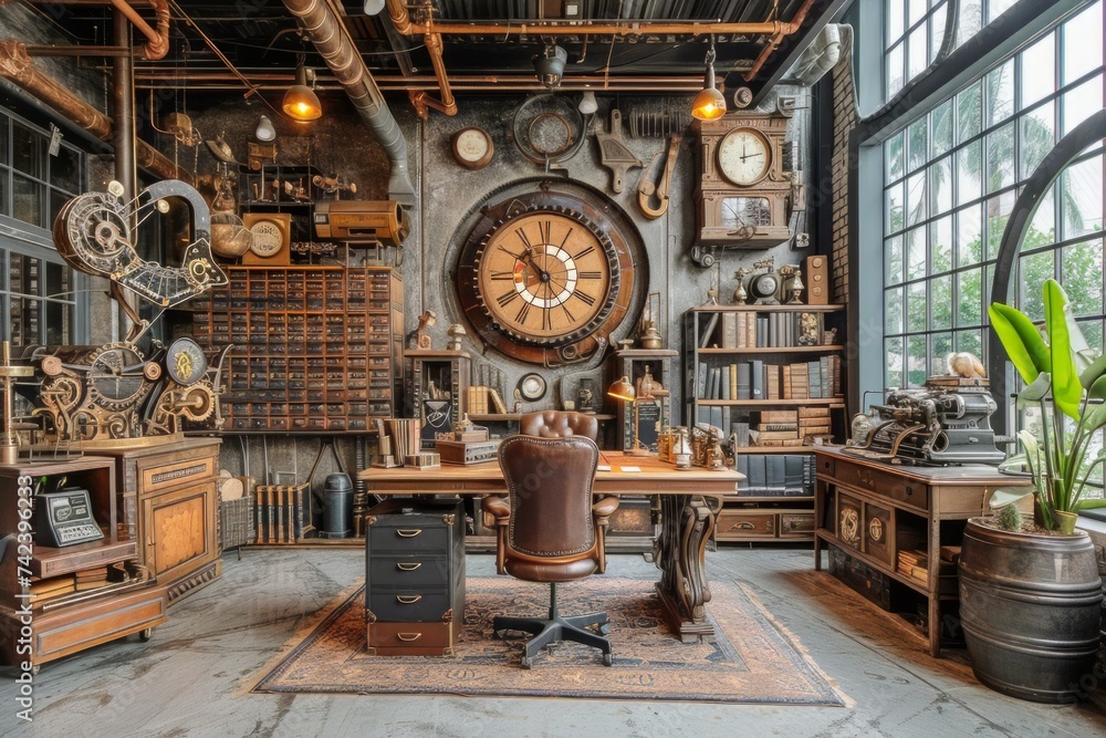 This photo showcases a room filled with various pieces of furniture, including a large clock, in a retro-futuristic steampunk style.