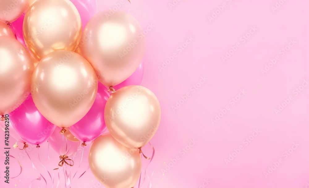 Shiny pink and golden glitter ballons on light pink soft pastel backgrounds 