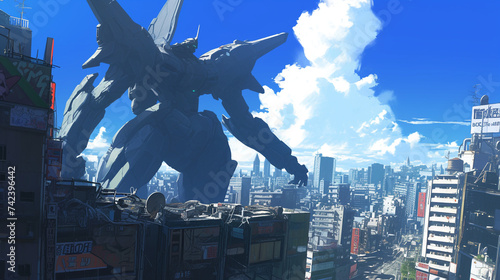 illustration big robot in the city, anime background