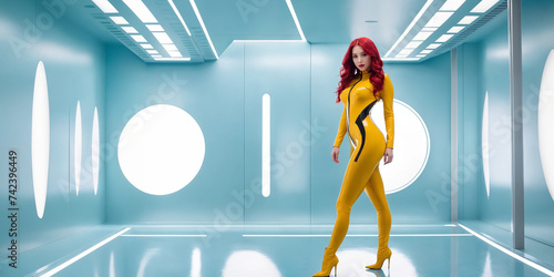 Strong real BDSM adult red hair asian mistress wearing fetish latex rubber catsuit and poses in deep yellow erotic in light blue futuristic interior. Generative Ai photo