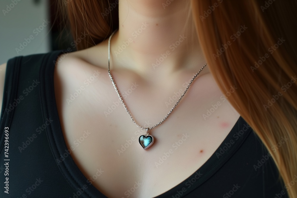 woman with a necklace featuring a blue heart pendant