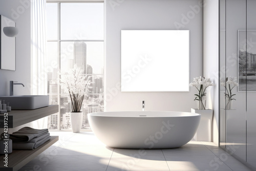 Modern luxury bathroom design.A mockup of an empty photo frame hangs on the wall. Design showcase.