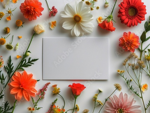 A white sheet of paper positioned in the center of the image  surrounded by a vibrant assortment of flowers.