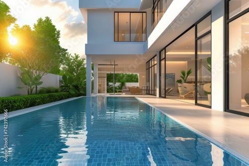 A modern house featuring a refreshing swimming pool situated in the front. © Yana