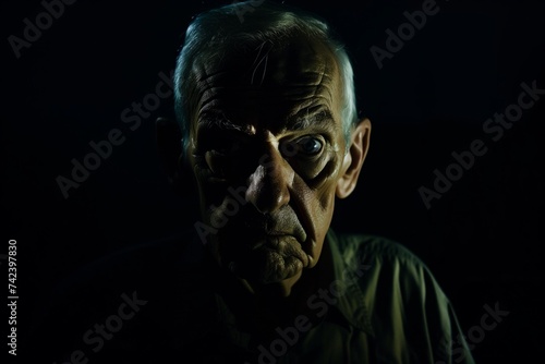 senior in a dark portrait with deep shadows and a menacing look