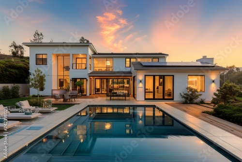 A modern coastal home featuring a stylish swimming pool in front of a spacious white house.