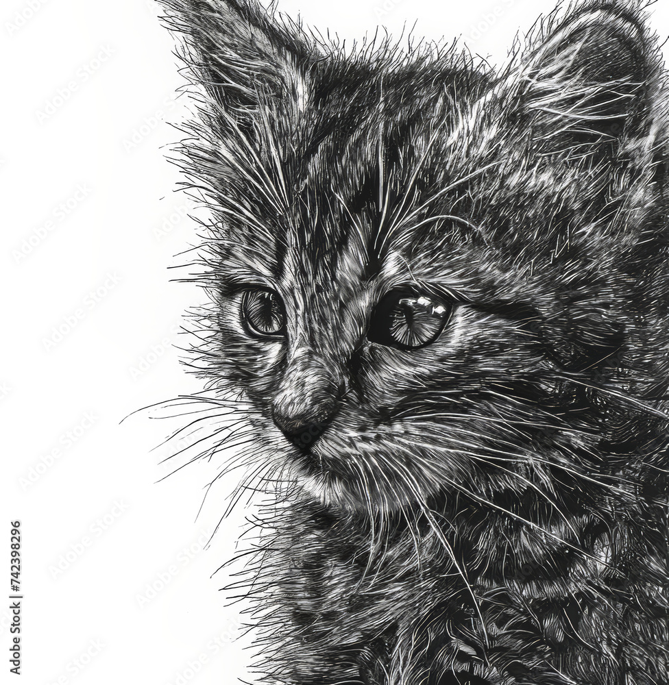 Detailed Kitten Sketch.  Generated Image.  A digital rendering of a pencil sketch of a cute little kitten with black and gray on white.