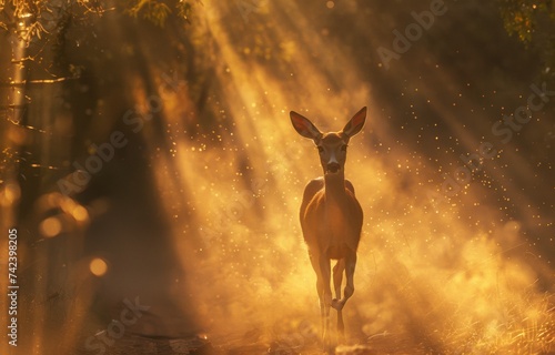 Ethereal Deer in Misty Golden Sunrise - Enchanting Woodland Scene with a Dreamy Atmosphere