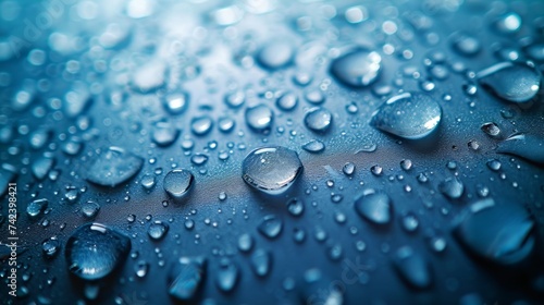 This close-up photo captures water droplets on a vibrant blue surface.