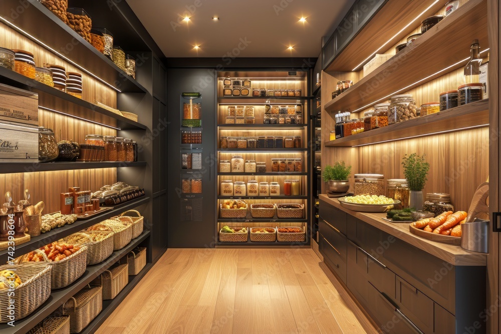 The image shows a spacious room filled with numerous shelves stocked with a wide variety of food items.